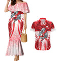 Dolphins Rugby Couples Matching Mermaid Dress and Hawaiian Shirt Polynesian Tribal Dolphin Warrior Red White Pattern