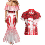 Dolphins Rugby Couples Matching Mermaid Dress and Hawaiian Shirt Polynesian Tribal Dolphin Warrior Red White Pattern