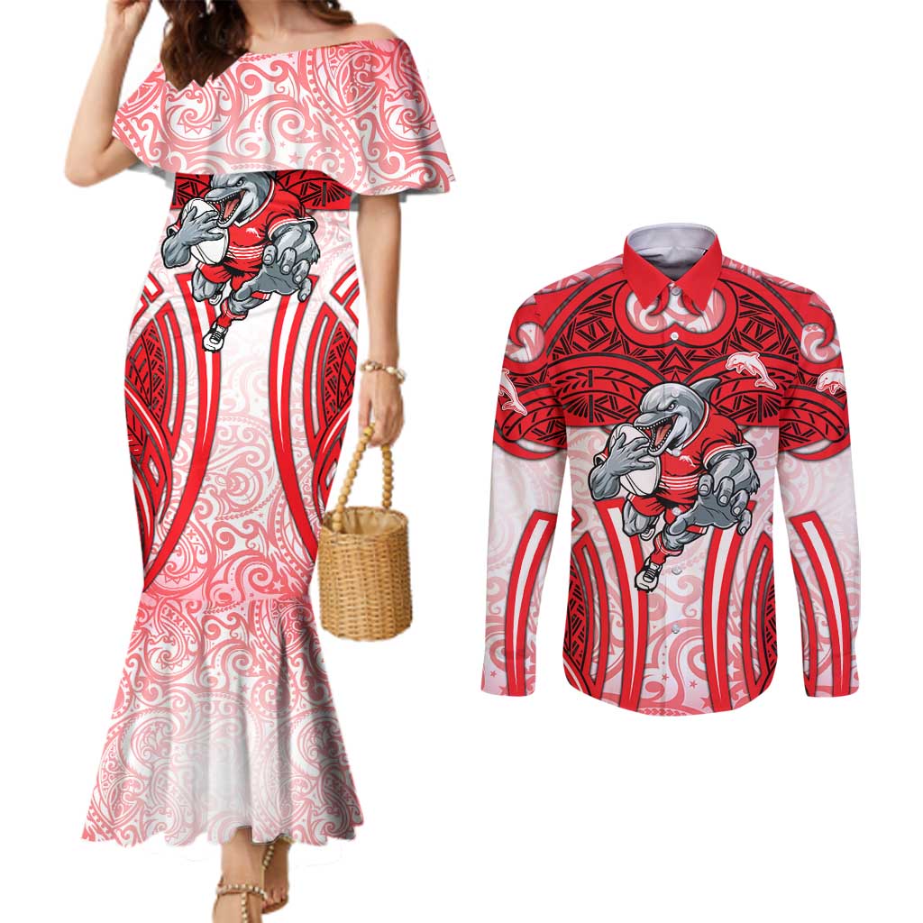 Dolphins Rugby Couples Matching Mermaid Dress and Long Sleeve Button Shirt Polynesian Tribal Dolphin Warrior Red White Pattern