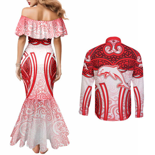 Dolphins Rugby Couples Matching Mermaid Dress and Long Sleeve Button Shirt Polynesian Tribal Dolphin Warrior Red White Pattern
