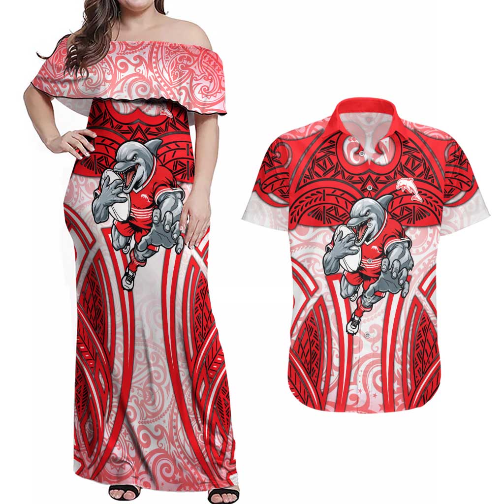Dolphins Rugby Couples Matching Off Shoulder Maxi Dress and Hawaiian Shirt Polynesian Tribal Dolphin Warrior Red White Pattern