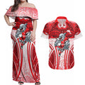 Dolphins Rugby Couples Matching Off Shoulder Maxi Dress and Hawaiian Shirt Polynesian Tribal Dolphin Warrior Red White Pattern