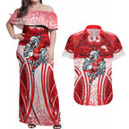 Dolphins Rugby Couples Matching Off Shoulder Maxi Dress and Hawaiian Shirt Polynesian Tribal Dolphin Warrior Red White Pattern