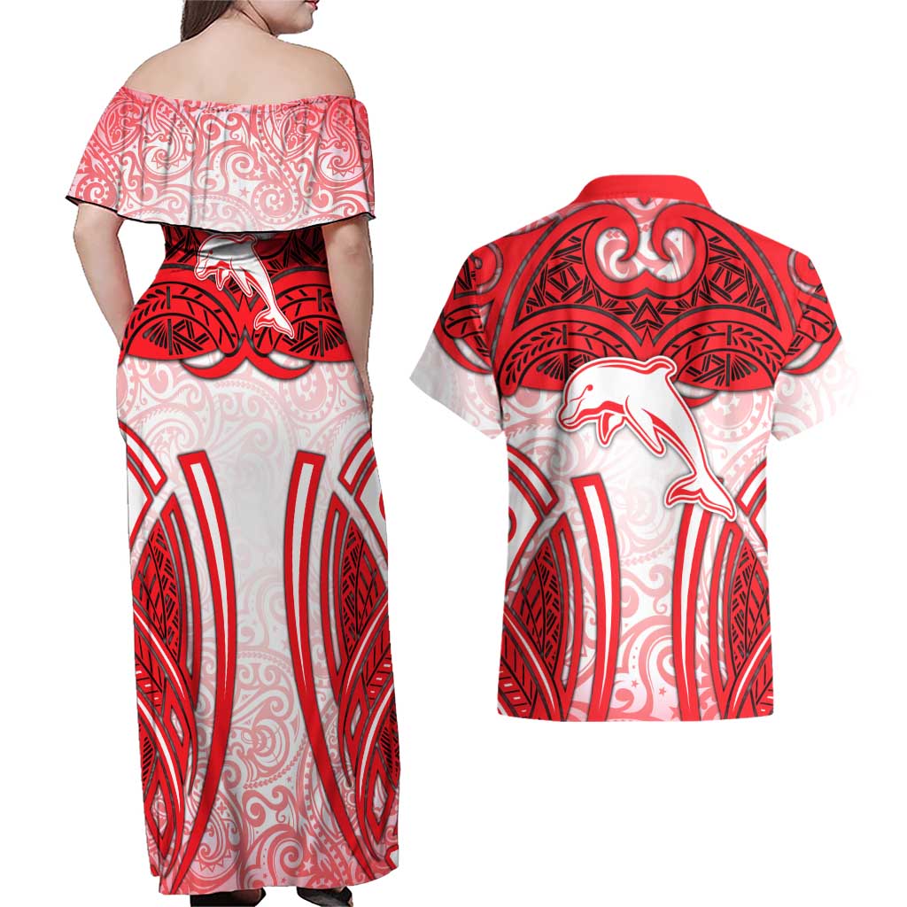 Dolphins Rugby Couples Matching Off Shoulder Maxi Dress and Hawaiian Shirt Polynesian Tribal Dolphin Warrior Red White Pattern
