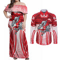 Dolphins Rugby Couples Matching Off Shoulder Maxi Dress and Long Sleeve Button Shirt Polynesian Tribal Dolphin Warrior Red White Pattern
