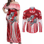 Dolphins Rugby Couples Matching Off Shoulder Maxi Dress and Long Sleeve Button Shirt Polynesian Tribal Dolphin Warrior Red White Pattern