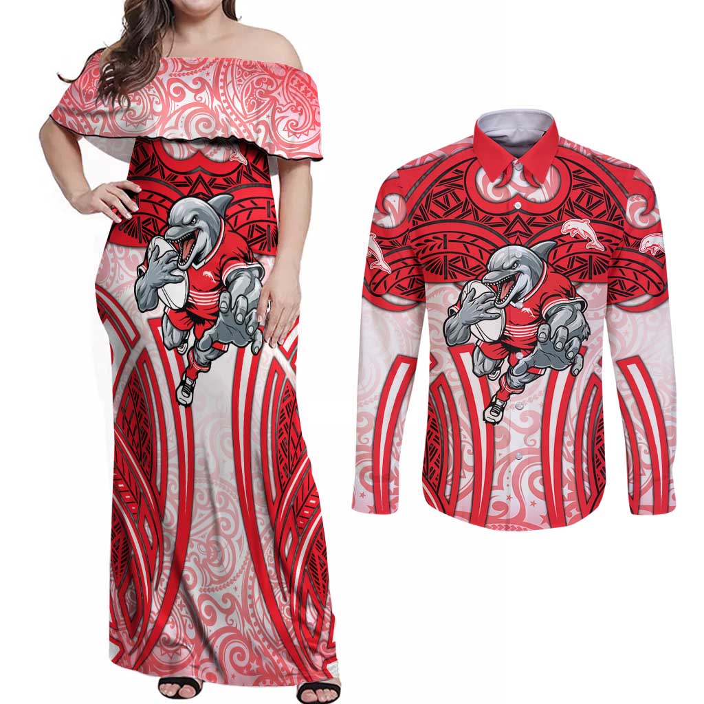 Dolphins Rugby Couples Matching Off Shoulder Maxi Dress and Long Sleeve Button Shirt Polynesian Tribal Dolphin Warrior Red White Pattern