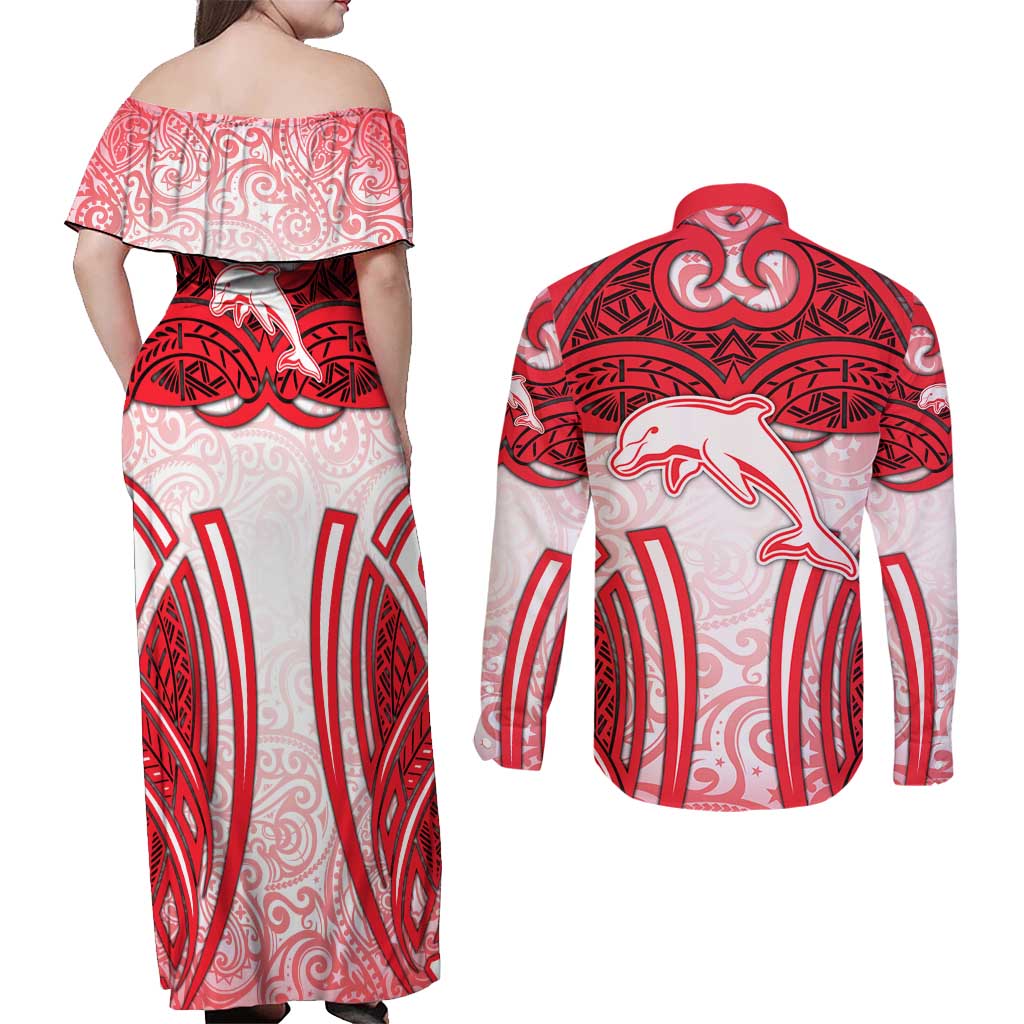 Dolphins Rugby Couples Matching Off Shoulder Maxi Dress and Long Sleeve Button Shirt Polynesian Tribal Dolphin Warrior Red White Pattern