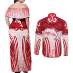 Dolphins Rugby Couples Matching Off Shoulder Maxi Dress and Long Sleeve Button Shirt Polynesian Tribal Dolphin Warrior Red White Pattern