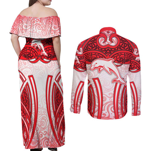 Dolphins Rugby Couples Matching Off Shoulder Maxi Dress and Long Sleeve Button Shirt Polynesian Tribal Dolphin Warrior Red White Pattern