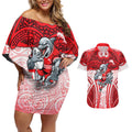 Dolphins Rugby Couples Matching Off Shoulder Short Dress and Hawaiian Shirt Polynesian Tribal Dolphin Warrior Red White Pattern