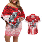 Dolphins Rugby Couples Matching Off Shoulder Short Dress and Hawaiian Shirt Polynesian Tribal Dolphin Warrior Red White Pattern