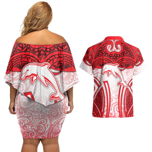 Dolphins Rugby Couples Matching Off Shoulder Short Dress and Hawaiian Shirt Polynesian Tribal Dolphin Warrior Red White Pattern