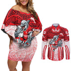 Dolphins Rugby Couples Matching Off Shoulder Short Dress and Long Sleeve Button Shirt Polynesian Tribal Dolphin Warrior Red White Pattern
