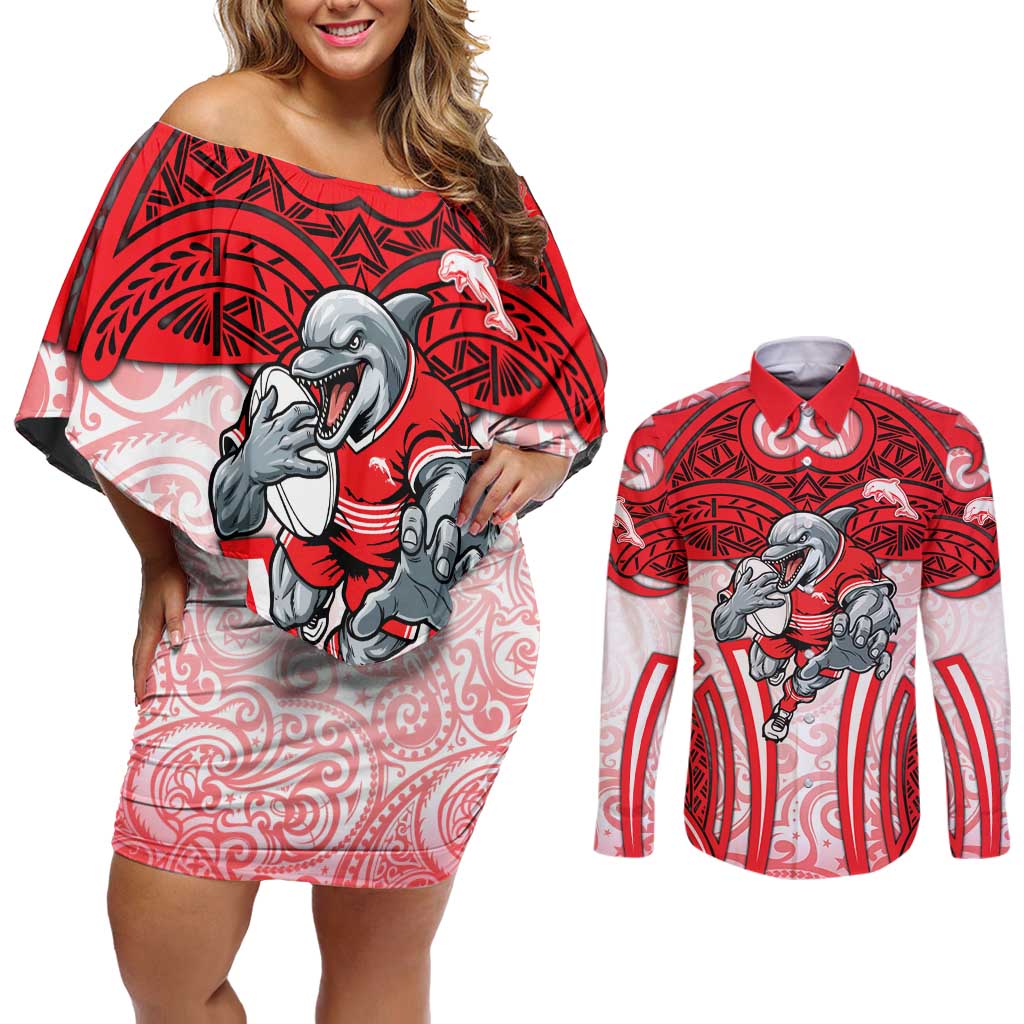 Dolphins Rugby Couples Matching Off Shoulder Short Dress and Long Sleeve Button Shirt Polynesian Tribal Dolphin Warrior Red White Pattern