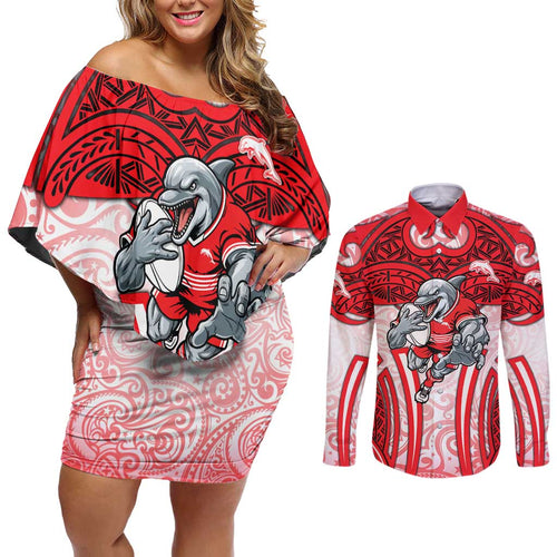 Dolphins Rugby Couples Matching Off Shoulder Short Dress and Long Sleeve Button Shirt Polynesian Tribal Dolphin Warrior Red White Pattern