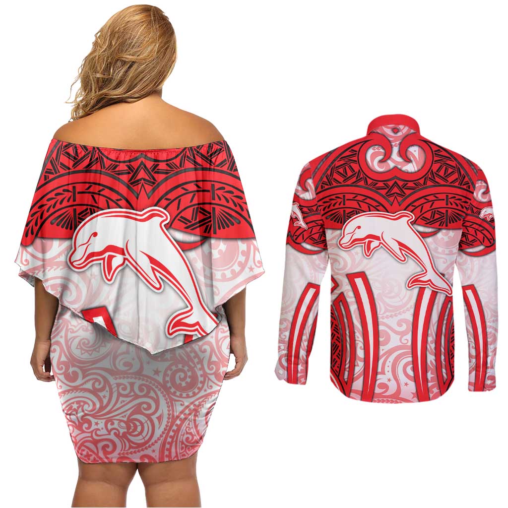 Dolphins Rugby Couples Matching Off Shoulder Short Dress and Long Sleeve Button Shirt Polynesian Tribal Dolphin Warrior Red White Pattern