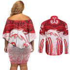 Dolphins Rugby Couples Matching Off Shoulder Short Dress and Long Sleeve Button Shirt Polynesian Tribal Dolphin Warrior Red White Pattern