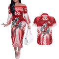 Dolphins Rugby Couples Matching Off The Shoulder Long Sleeve Dress and Hawaiian Shirt Polynesian Tribal Dolphin Warrior Red White Pattern