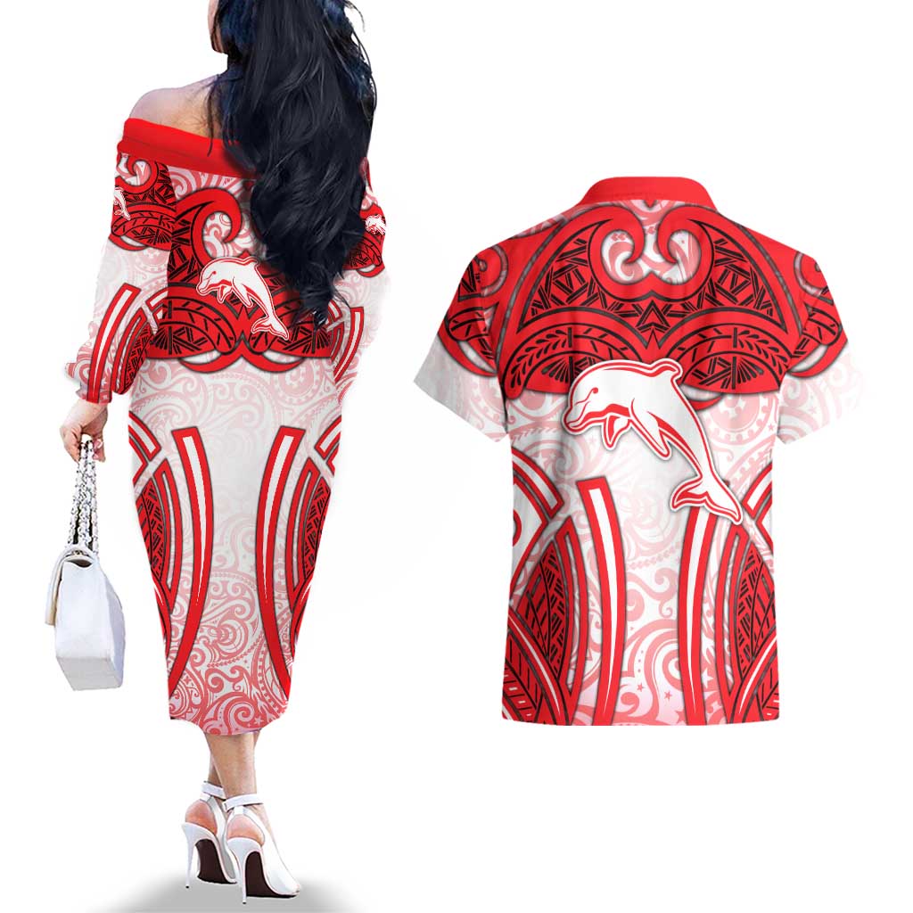 Dolphins Rugby Couples Matching Off The Shoulder Long Sleeve Dress and Hawaiian Shirt Polynesian Tribal Dolphin Warrior Red White Pattern
