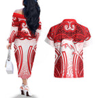 Dolphins Rugby Couples Matching Off The Shoulder Long Sleeve Dress and Hawaiian Shirt Polynesian Tribal Dolphin Warrior Red White Pattern