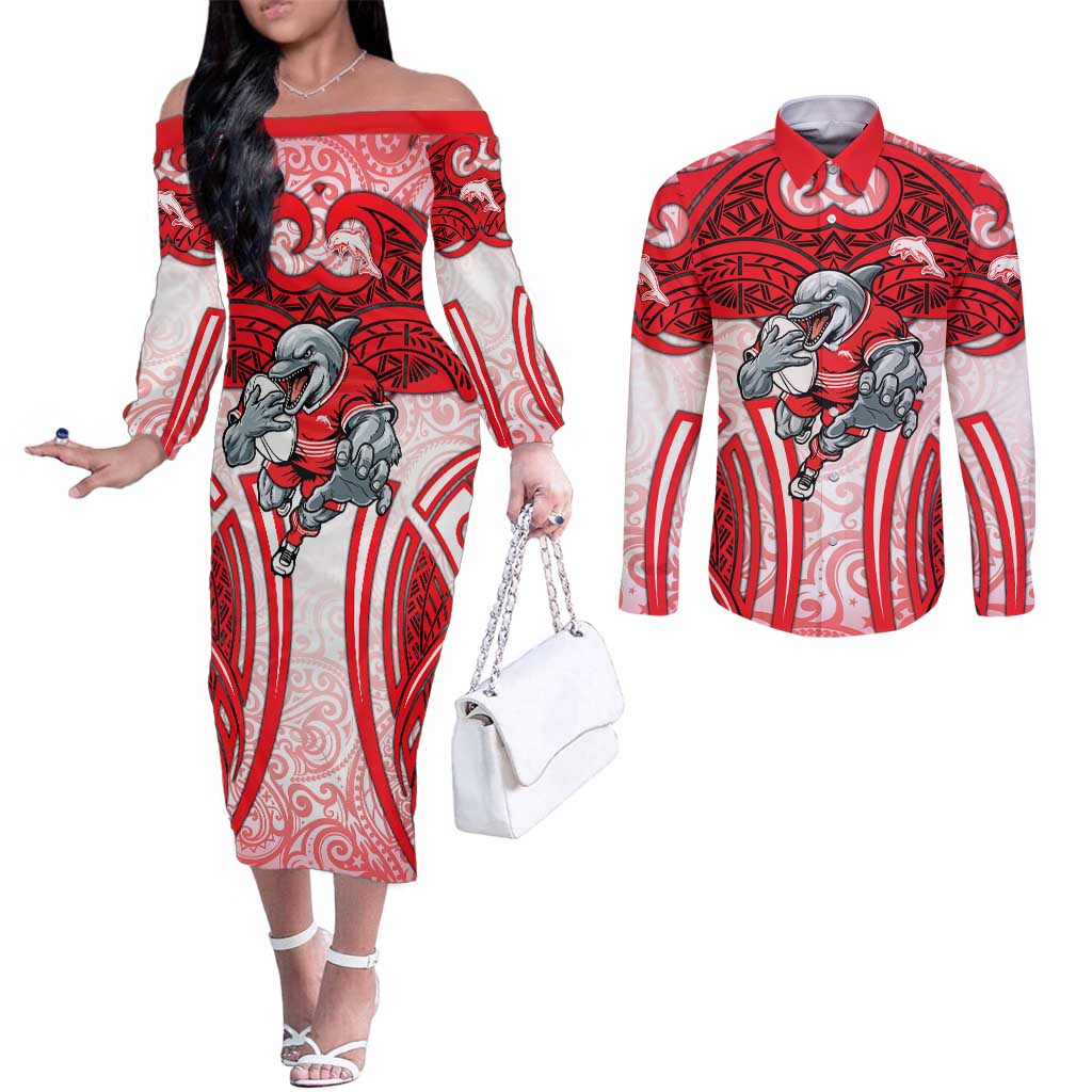 Dolphins Rugby Couples Matching Off The Shoulder Long Sleeve Dress and Long Sleeve Button Shirt Polynesian Tribal Dolphin Warrior Red White Pattern