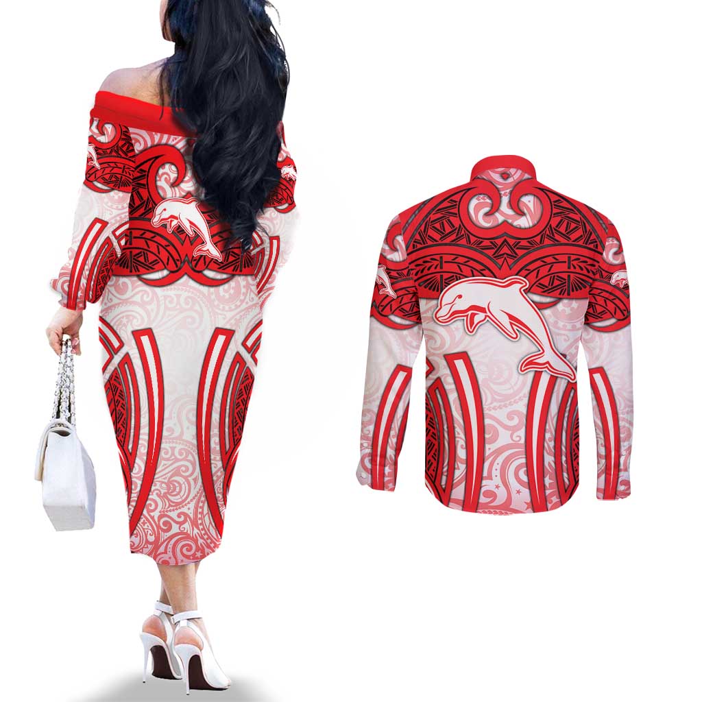 Dolphins Rugby Couples Matching Off The Shoulder Long Sleeve Dress and Long Sleeve Button Shirt Polynesian Tribal Dolphin Warrior Red White Pattern