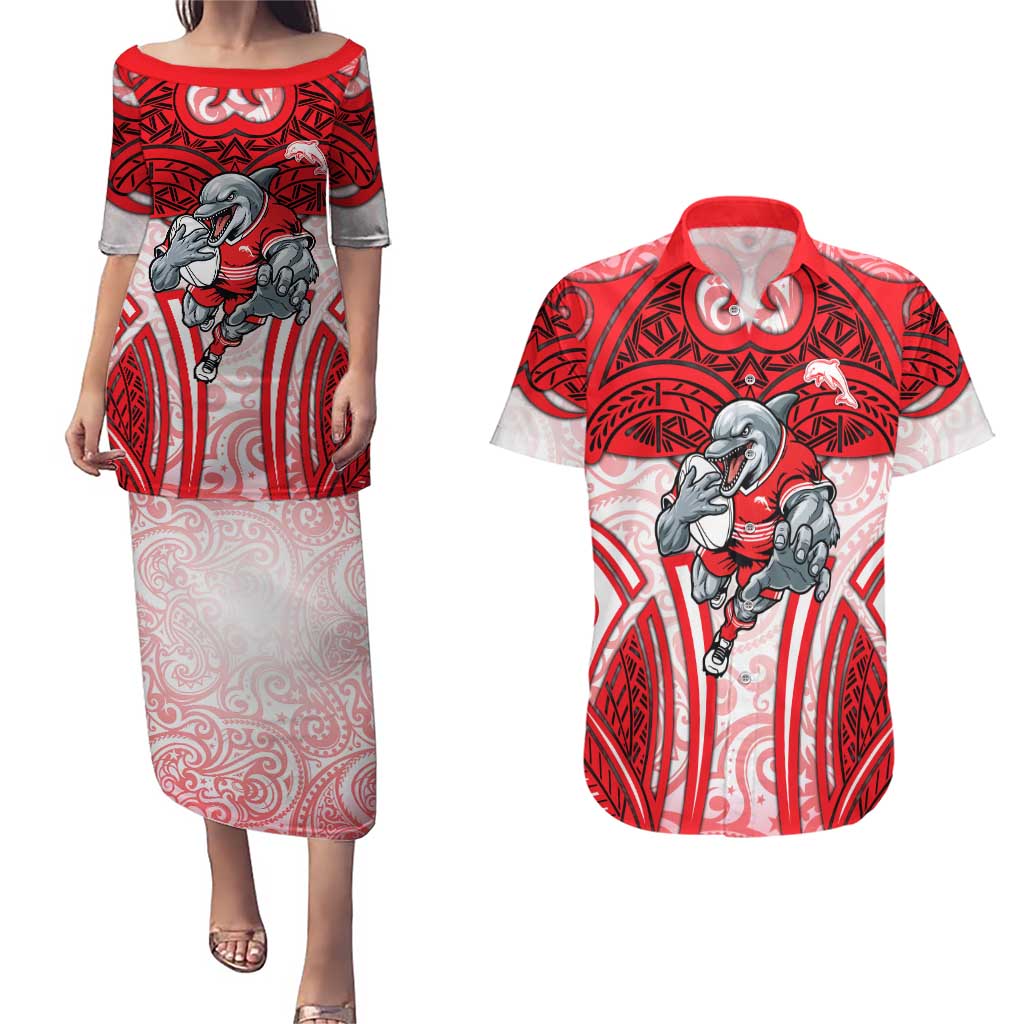 Dolphins Rugby Couples Matching Puletasi and Hawaiian Shirt Polynesian Tribal Dolphin Warrior Red White Pattern