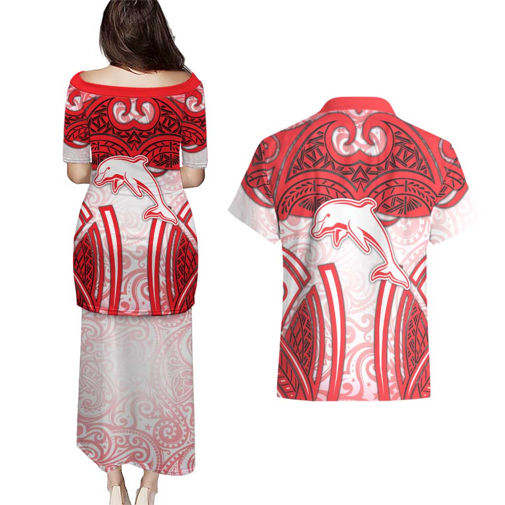Dolphins Rugby Couples Matching Puletasi and Hawaiian Shirt Polynesian Tribal Dolphin Warrior Red White Pattern