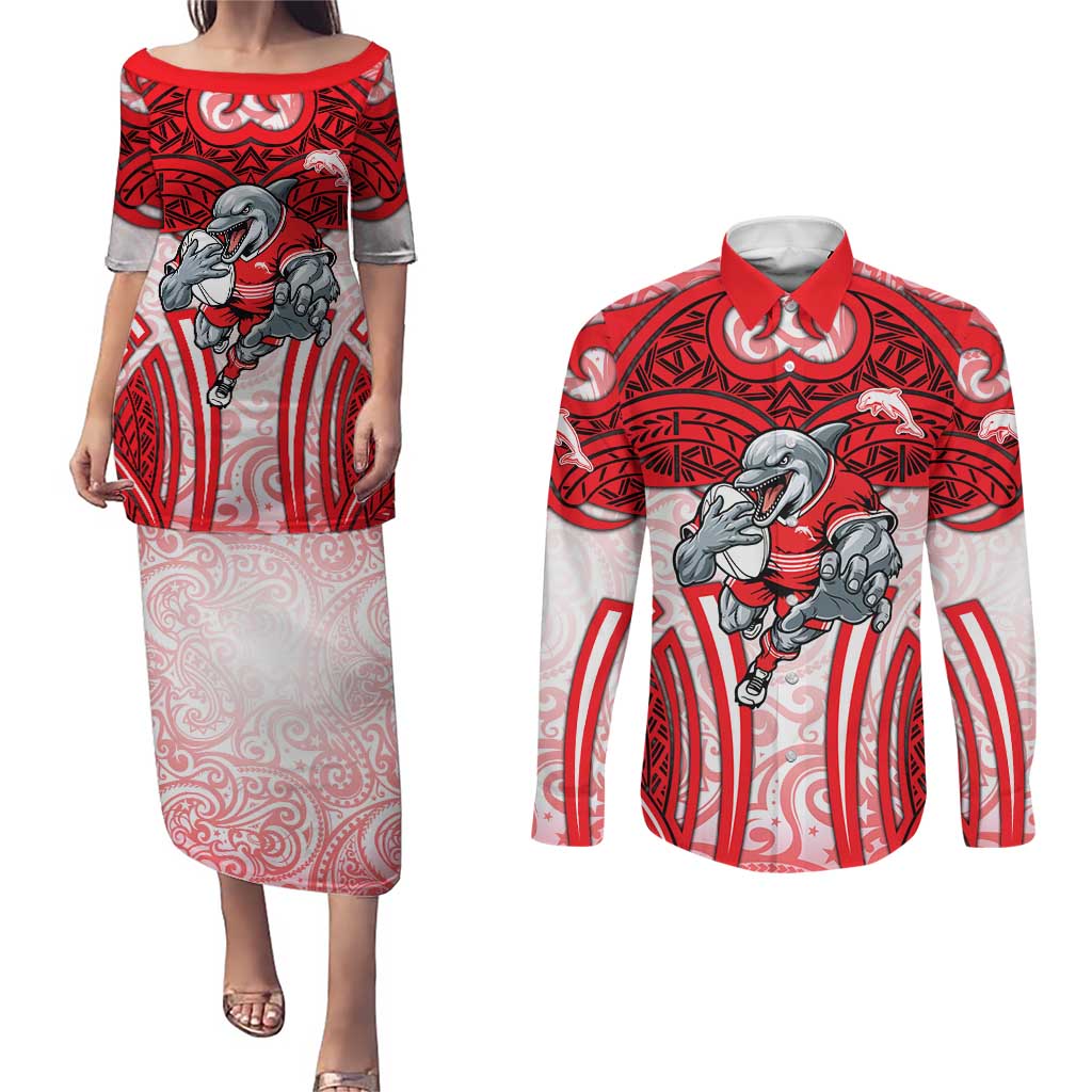 Dolphins Rugby Couples Matching Puletasi and Long Sleeve Button Shirt Polynesian Tribal Dolphin Warrior Red White Pattern