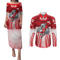 Dolphins Rugby Couples Matching Puletasi and Long Sleeve Button Shirt Polynesian Tribal Dolphin Warrior Red White Pattern