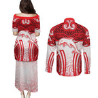 Dolphins Rugby Couples Matching Puletasi and Long Sleeve Button Shirt Polynesian Tribal Dolphin Warrior Red White Pattern