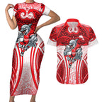 Dolphins Rugby Couples Matching Short Sleeve Bodycon Dress and Hawaiian Shirt Polynesian Tribal Dolphin Warrior Red White Pattern