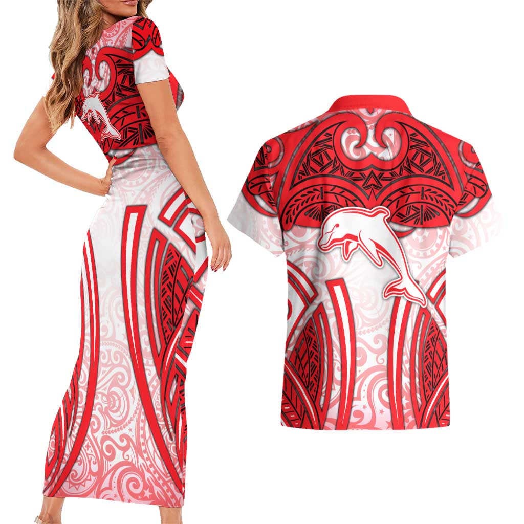 Dolphins Rugby Couples Matching Short Sleeve Bodycon Dress and Hawaiian Shirt Polynesian Tribal Dolphin Warrior Red White Pattern