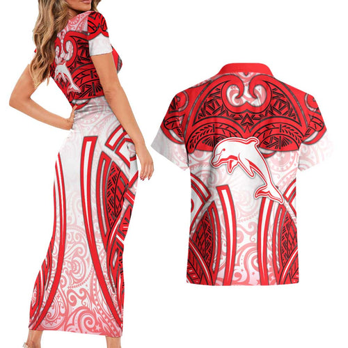 Dolphins Rugby Couples Matching Short Sleeve Bodycon Dress and Hawaiian Shirt Polynesian Tribal Dolphin Warrior Red White Pattern