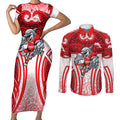 Dolphins Rugby Couples Matching Short Sleeve Bodycon Dress and Long Sleeve Button Shirt Polynesian Tribal Dolphin Warrior Red White Pattern