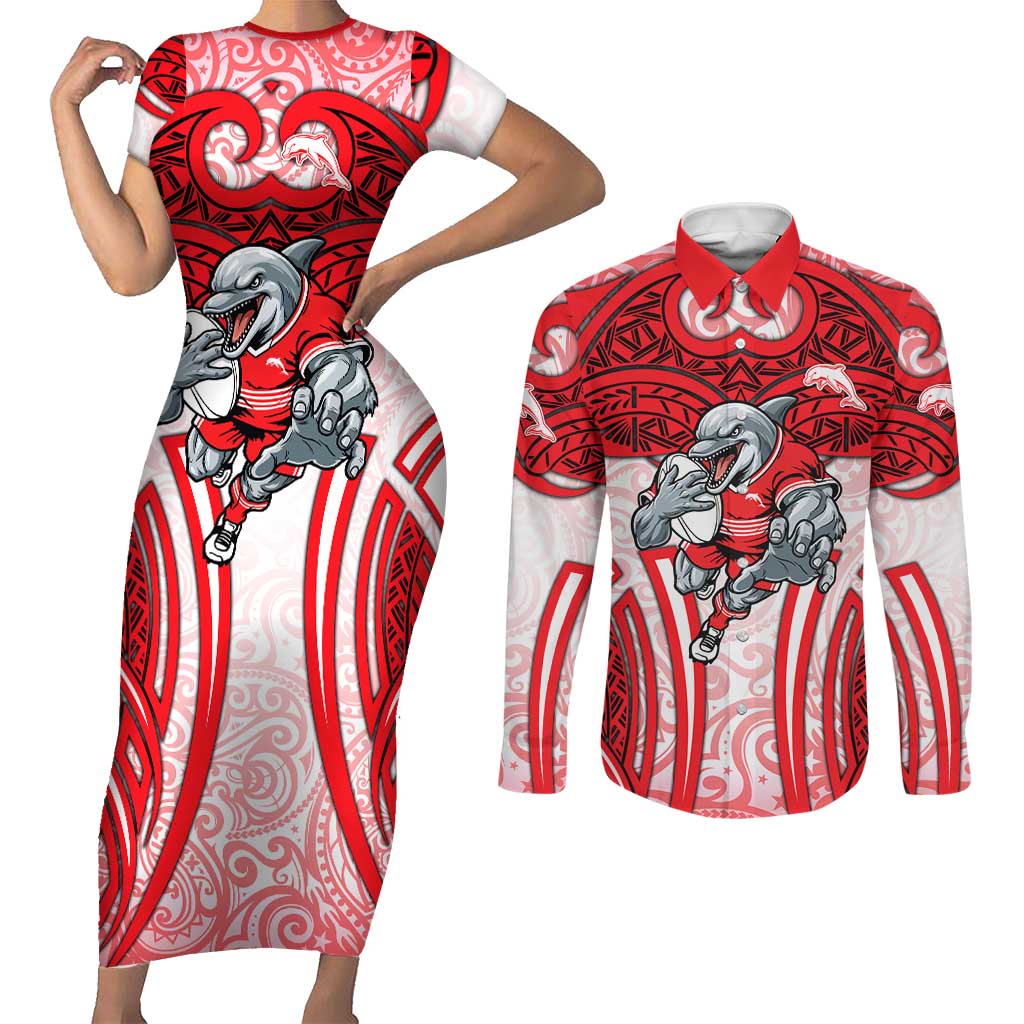 Dolphins Rugby Couples Matching Short Sleeve Bodycon Dress and Long Sleeve Button Shirt Polynesian Tribal Dolphin Warrior Red White Pattern