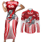 Dolphins Rugby Couples Matching Short Sleeve Bodycon Dress and Long Sleeve Button Shirt Polynesian Tribal Dolphin Warrior Red White Pattern