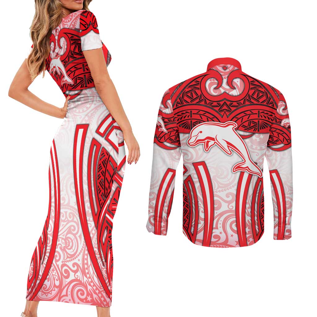 Dolphins Rugby Couples Matching Short Sleeve Bodycon Dress and Long Sleeve Button Shirt Polynesian Tribal Dolphin Warrior Red White Pattern