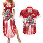 Dolphins Rugby Couples Matching Summer Maxi Dress and Hawaiian Shirt Polynesian Tribal Dolphin Warrior Red White Pattern