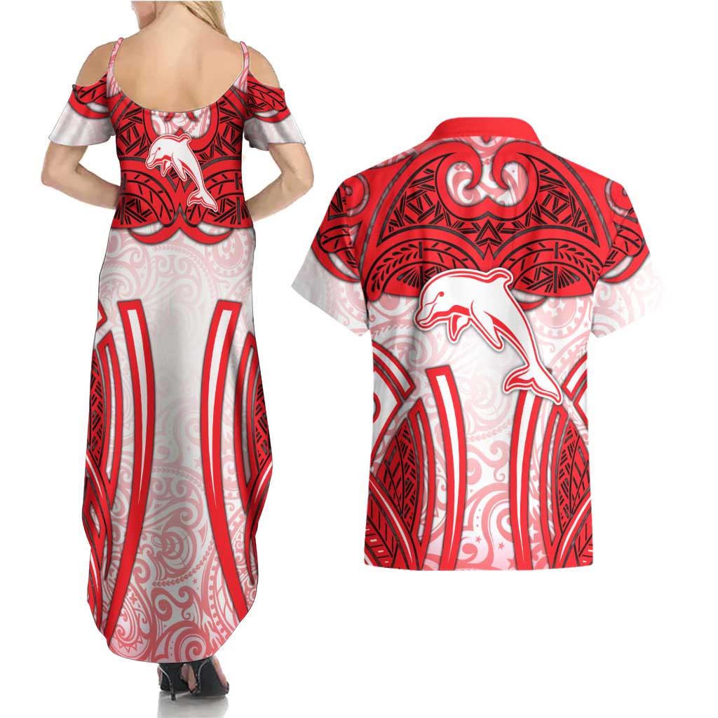Dolphins Rugby Couples Matching Summer Maxi Dress and Hawaiian Shirt Polynesian Tribal Dolphin Warrior Red White Pattern