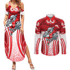 Dolphins Rugby Couples Matching Summer Maxi Dress and Long Sleeve Button Shirt Polynesian Tribal Dolphin Warrior Red White Pattern