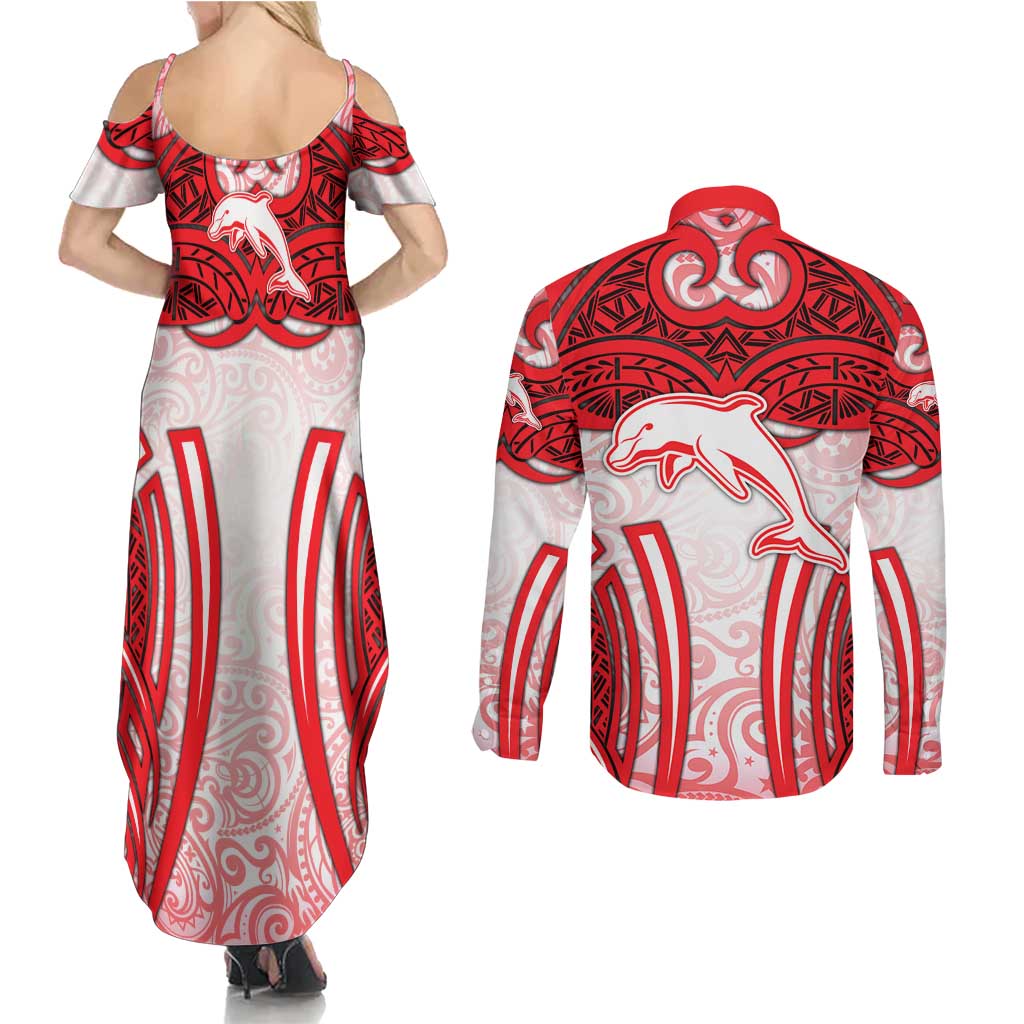 Dolphins Rugby Couples Matching Summer Maxi Dress and Long Sleeve Button Shirt Polynesian Tribal Dolphin Warrior Red White Pattern