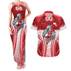 Dolphins Rugby Couples Matching Tank Maxi Dress and Hawaiian Shirt Polynesian Tribal Dolphin Warrior Red White Pattern