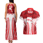 Dolphins Rugby Couples Matching Tank Maxi Dress and Hawaiian Shirt Polynesian Tribal Dolphin Warrior Red White Pattern