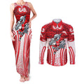 Dolphins Rugby Couples Matching Tank Maxi Dress and Long Sleeve Button Shirt Polynesian Tribal Dolphin Warrior Red White Pattern