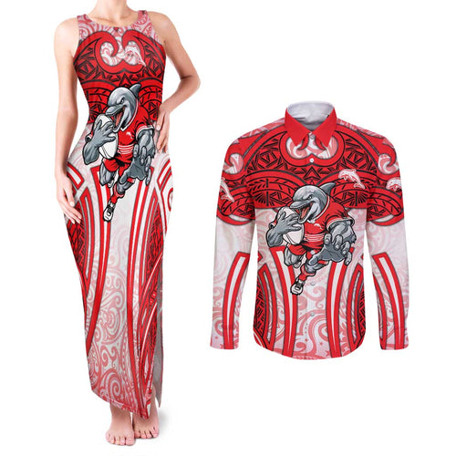 Dolphins Rugby Couples Matching Tank Maxi Dress and Long Sleeve Button Shirt Polynesian Tribal Dolphin Warrior Red White Pattern