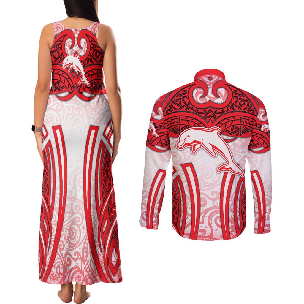 Dolphins Rugby Couples Matching Tank Maxi Dress and Long Sleeve Button Shirt Polynesian Tribal Dolphin Warrior Red White Pattern