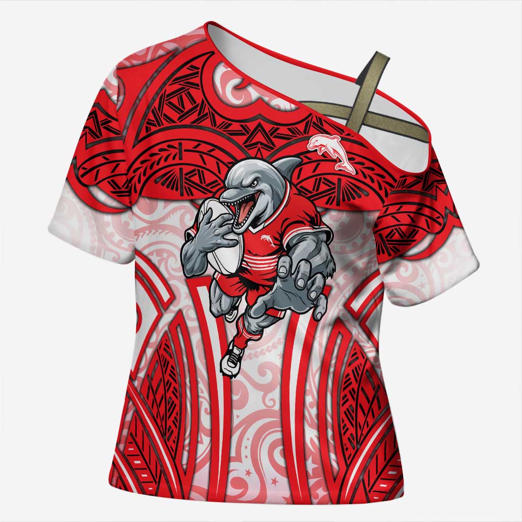 Dolphins Rugby Cross Shoulder Shirt Polynesian Tribal Dolphin Warrior Red White Pattern