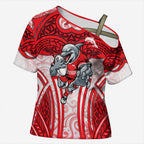 Dolphins Rugby Cross Shoulder Shirt Polynesian Tribal Dolphin Warrior Red White Pattern